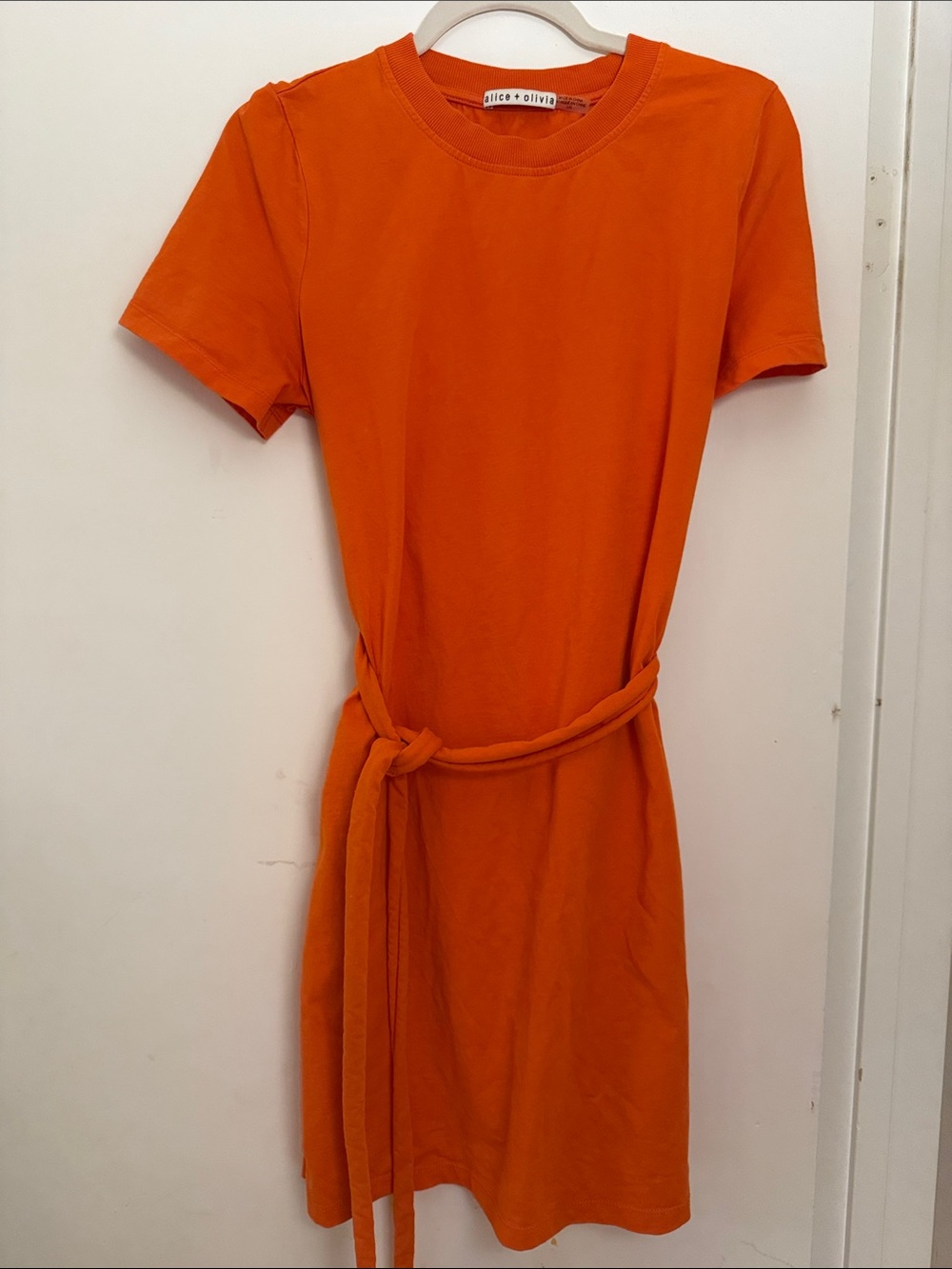 Alice + Olivia Bright Orange Short-Sleeve Tie-Waist Mini Dress size L